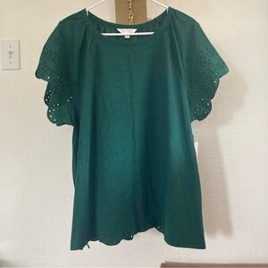 NWT LC Lauren Conrad Dark Green Scalloped Eyelet Lace Short Sleeve Top Size XXL